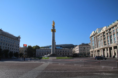 Tavisuplebis Moedani Freedom Square in the center of the Georgian capital Tbilisiの写真素材