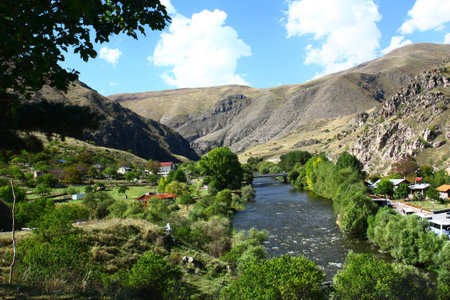 The River Kura in the landscape near the cave town of Vardzia- Georgiaの写真素材