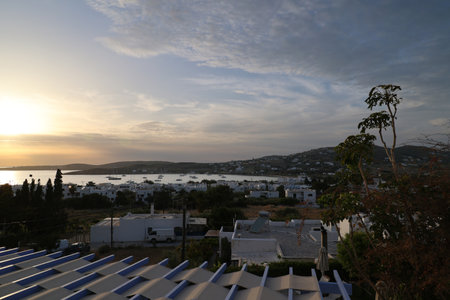 Sunset in a bay of Parikia Paros Greeceの写真素材
