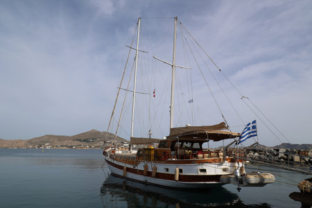 Sailing ship in the port of Naoussa on the Cyclades island of Paros- Greeceの写真素材