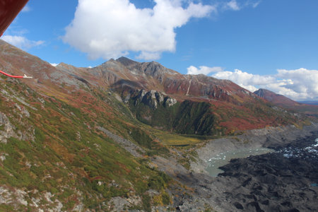 Alaska, Denali National Park in the fall photographed from an airplane, United Statesの写真素材
