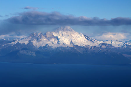 Alaska, Mount Iliamna, Cook Inlet photographed from an airplane, United Statesの写真素材