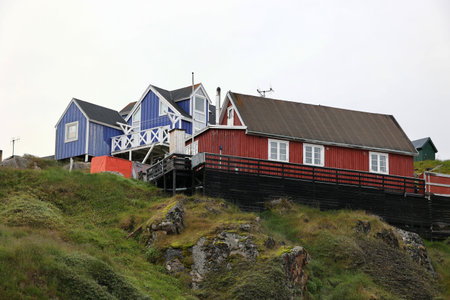 Colorful houses in the village of Sisimiut in Greenland, Denmarkの写真素材