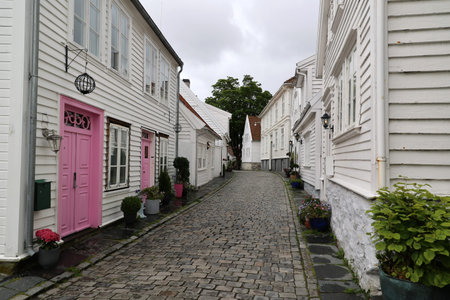 Historic buildings in the old town Gamle Stavanger, Norwayの写真素材