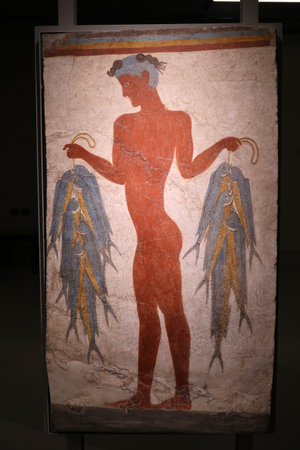 Mural from Akrotiri, Thera-Santorini, Minoan Civilization, 16th Century BC, National Archaeological Museumの写真素材