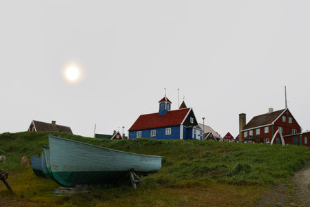 The old church in the morning light of Sisimiut in Greenland, Denmarkの写真素材