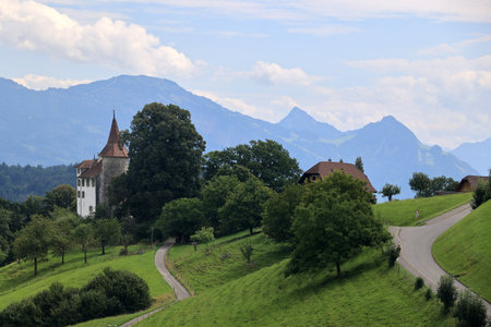 View of Schausee Castle on the descent from Pilatus to Lucerne, Switzerlandの写真素材