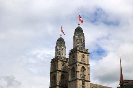 View of the two towers of the GrossmÃ¼nster in Zurich, Switzerlandの写真素材