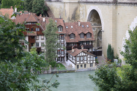 View of the Aare River in the city of Bern, Switzerlandの写真素材