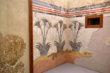 Mural from Akrotiri, Thera-Santorini, Minoan Civilization, 16th Century BC, National Archaeological Museumの写真素材