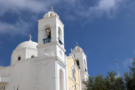 Holy Orthodox Church of Saints Anargyri in the small town of Megalochori on the Cyclades island of Santorini-Greeceの写真素材
