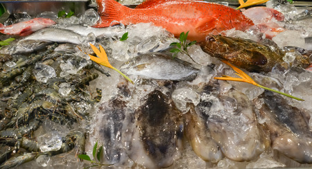 Frozen seafood, contain redfish, fish, squid, crab and shrimpの写真素材