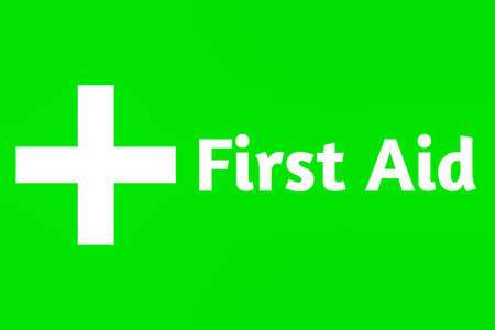 A First Aid Lettering Text On Green Colour Background Illustration Photosの写真素材
