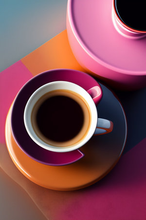 A desk seen from above with a coffee cup, feminine colors, ultra-realistic, AI Generative Illustration Graphic Design Artの素材