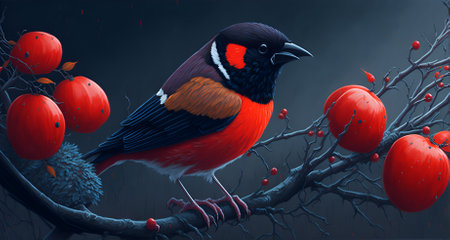 A AI Generative Illustration, olpntng style, Detailed image of a bullfinch with a red belly on a branch with rowan berries, winter background, portrait, cinematic realism,perfect quality,masterpieceの素材