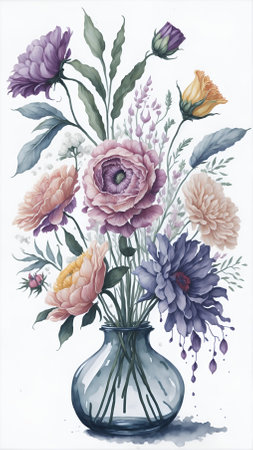 A AI Generative, Vase of flowers clipart white background scattered watercolor,の素材