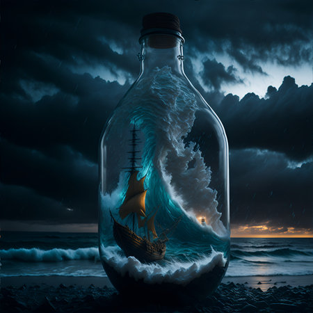 A view of turbulent swells of a violent ocean storm, inside a glass bottle on the beach  dramatic thunderous sky at dusk at center, AI Generativeの素材