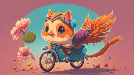 A cute little bird riding on pretty cat cartoon style, AI Generativeの素材