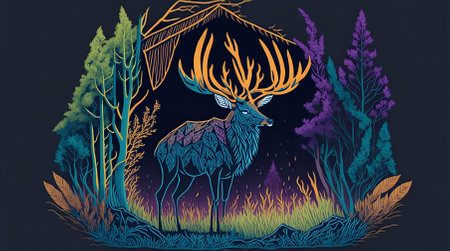 A Magic Deer In Night Forest, Mystical Stag With Glowing Eyes And Body, AI Generative Illustrationの素材