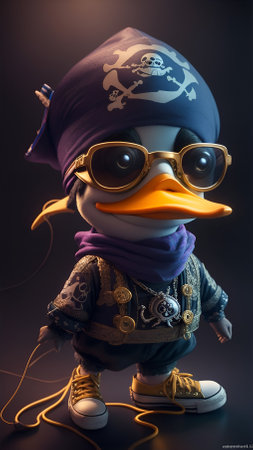 A Anthropomorphic cute and adorable charming smiling pirate duck wearing glasses and Chuck Taylor sneakers, AI Generativeの素材