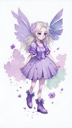 A Watercolor Cute fairy with purple dress and colorful wings, AI Generativeの素材