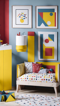 A cozy kids room with colourful walls, a single A4-sized frame, and a playful pattern of shapes. AI Generativeの素材