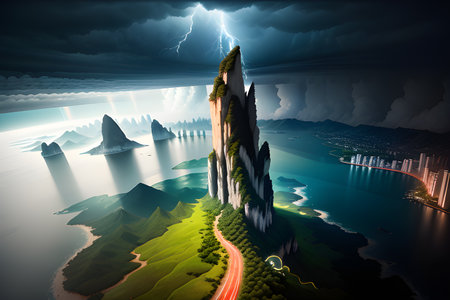 A Extremely detailed Extreme closeup, unreal imagination with thunder, boca thunder background, top view, AI Generativeの素材