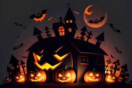 A Halloween background with haunted house and moon, AI Generative Illustrationの素材