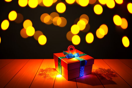 A festive background with blurry lights, empty wooden table in foreground with bright candlelight bokeh with Gift Box, AI Generative Illustrationの素材
