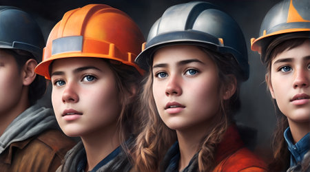 A Portrait Of The Young Girl And Boy Group of workers people, World Labour Day Concept, AI Generativeの素材