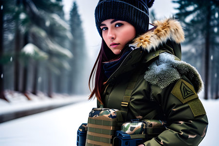 A very muscular solider girl with haircut, wearing winter camo military fatigues, camo plate carrier rig, combat gloves, AI Generativeの素材