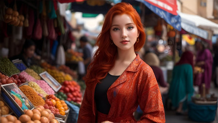 A Closeup Pretty Girl Redhead At A Local Marketplace, Donning A Contemporary Twist On Traditional Moroccan Romper Suit. AI Generativeの素材