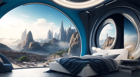 A Futuristic High Tech Luxury Cyberpunk Sci Fi Living Room Modern Interior Bedroom, AI Generativeの素材