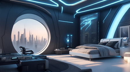 A Futuristic High Tech Luxury Cyberpunk Sci Fi Living Room Modern Interior Bedroom, AI Generativeの素材
