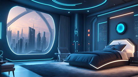 A Futuristic High Tech Luxury Cyberpunk Sci Fi Living Room Modern Interior Bedroom, AI Generativeの素材