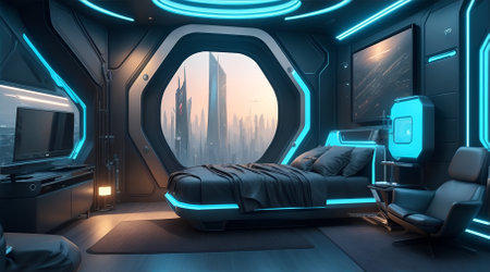 A Futuristic High Tech Luxury Cyberpunk Sci Fi Living Room Modern Interior Bedroom, AI Generativeの素材