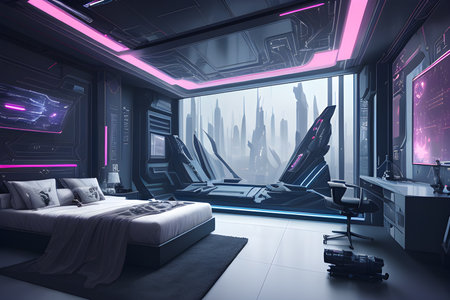 A Futuristic High Tech Luxury Cyberpunk Sci Fi Living Room Modern Interior Bedroom, AI Generativeの素材