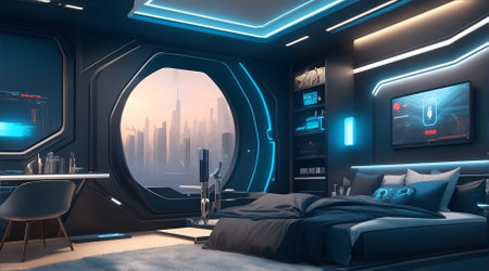 A Futuristic High Tech Luxury Cyberpunk Sci Fi Living Room Modern Interior Bedroom, AI Generativeの素材