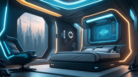 A Futuristic High Tech Luxury Cyberpunk Sci Fi Living Room Modern Interior Bedroom, AI Generativeの素材