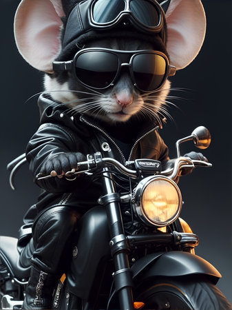 A Cute mouse, wearing black biker jacket with metal rivets, dark sunglasses, bandana on head, AI Generativeの素材