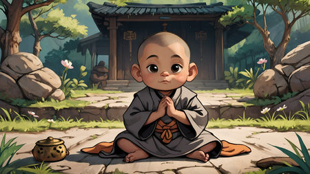 A Buddhist baby in a praying position. Innocent, spiritualism, little Chinese monk captivates with his serene expression.Bald little monk 3D cartoon, Bald little monk 3D cartoon, generative AIの素材