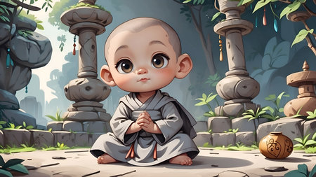 A Buddhist baby in a praying position. Innocent, spiritualism, little Chinese monk captivates with his serene expression.Bald little monk 3D cartoon, Bald little monk 3D cartoon, generative AIの素材