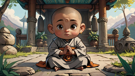 A Buddhist baby in a praying position. Innocent, spiritualism, little Chinese monk captivates with his serene expression.Bald little monk 3D cartoon, Bald little monk 3D cartoon, generative AIの素材