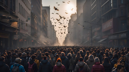 A Crowd of people walking busy city street backlit, AI Generativeの素材