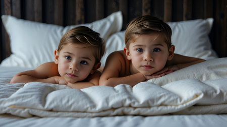 A Top view of three brothers lying in bed looking at camera, AI Generativeの素材
