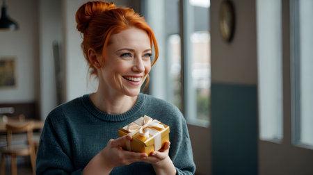 A vibrant and energetic young woman with fiery red hair, beaming with joy as she receives positive news or a birthday gift. Her charming smile and sparkling eyes captivate the camera, radiating happinの素材