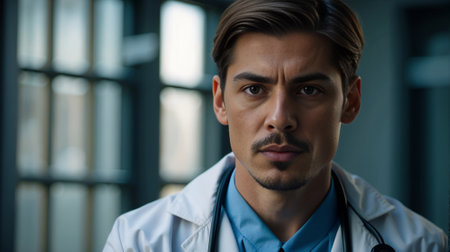 A National Doctors Day, Young caucasian male scientific in laboratory. Dentist Doctor Portrait. Young Man at His Workplace, AI Generativeの素材