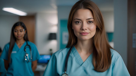 A National Doctors Day, Healthcare concept. Middle-aged woman doctor in uniform, Smiling female doctor in lab coat with arms crossed against, AI Generativeの素材