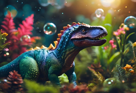 A fantastical, vibrant dinosaur sits amidst a magical ecosystem of glistening plants and bubbles, creating a vivid, otherworldly scene.Animal representation conceptの素材