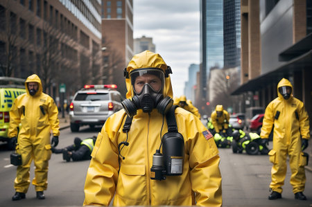 A photo of group of responders with hazmat suits after cbrn incident, with backround cityの素材